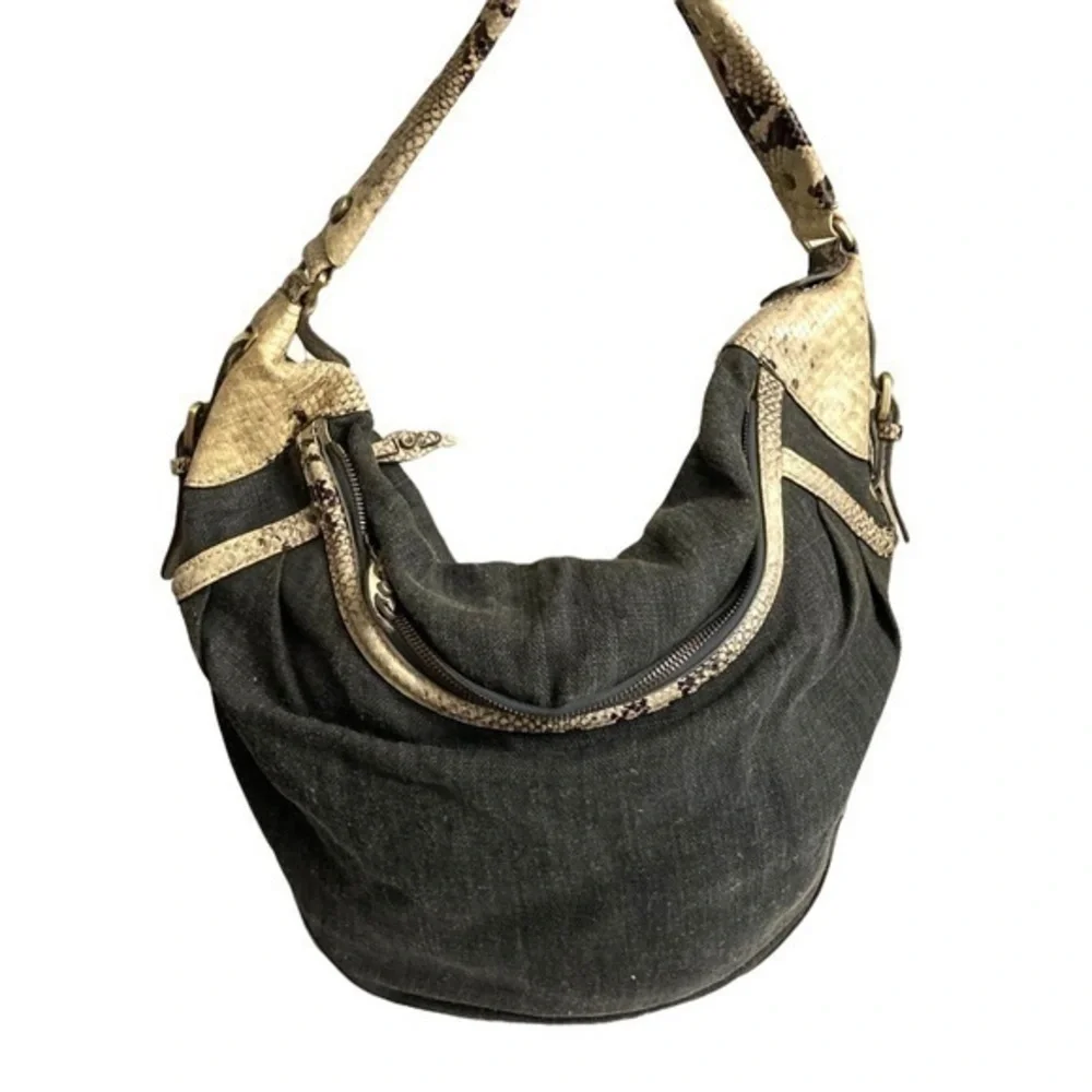 Theory canvas and snakeskin embossed leather hobo bag